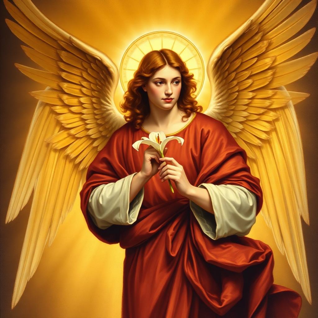 Arcángel Gabriel sosteniendo un lirio, rodeado de luz dorada divina